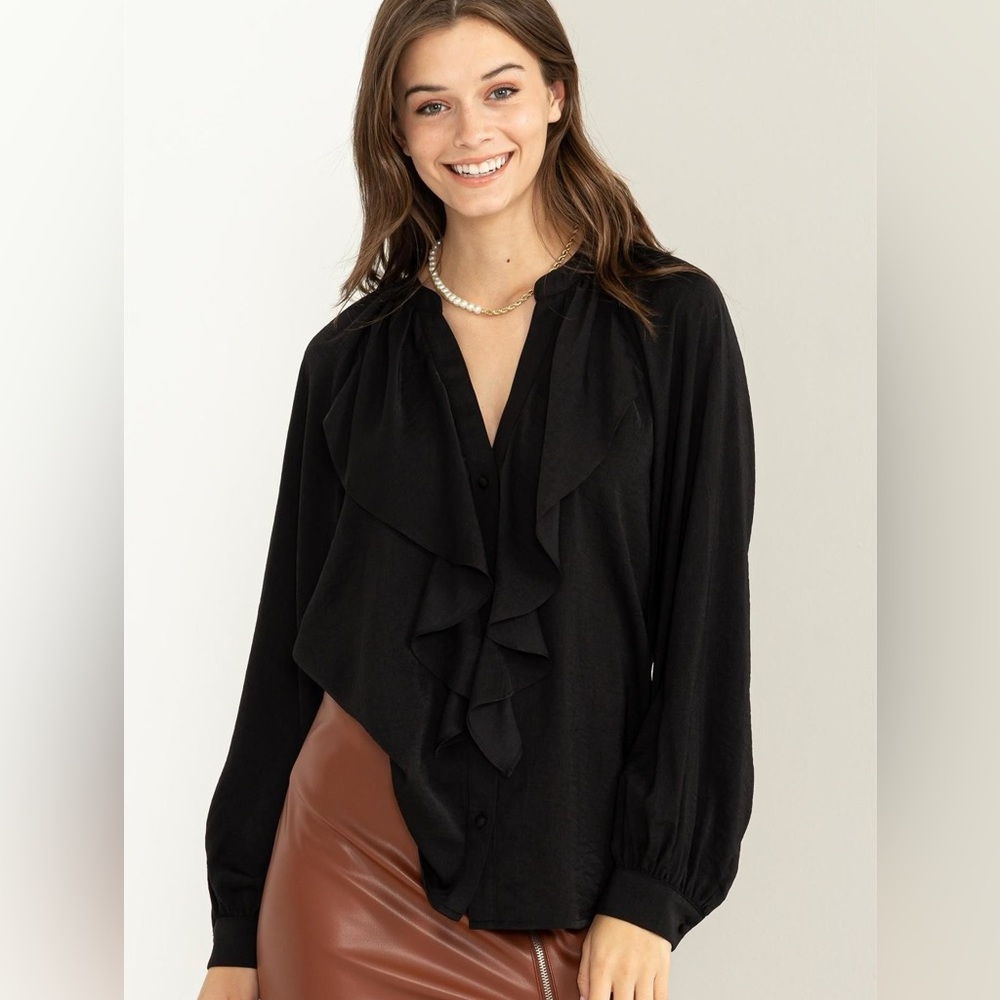 Black Satin Ruffle Long Sleeve Top NWT